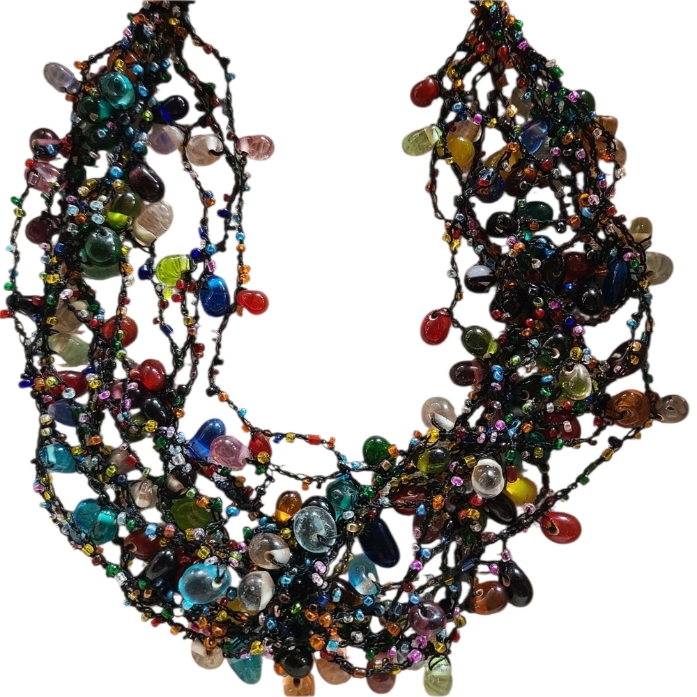 Multicolor Glass Beaded 12 Strand Necklace With Black String Artisan Clasp